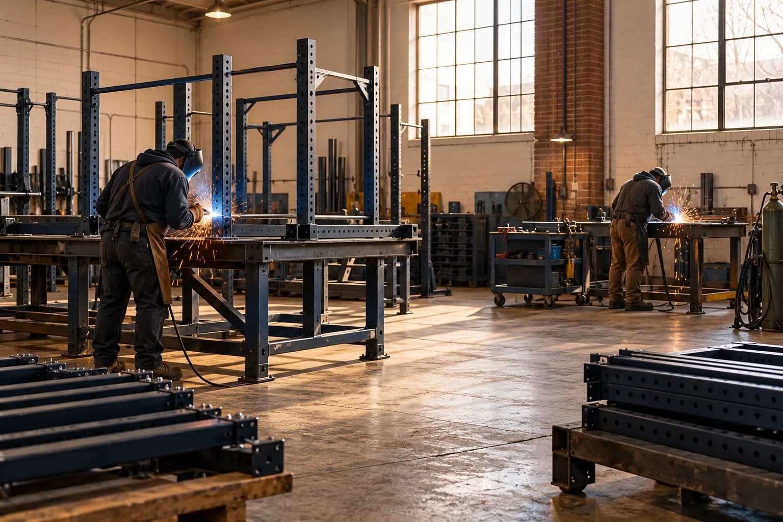 Two fabricators welding athletic equipment frames in a Hickory workshop