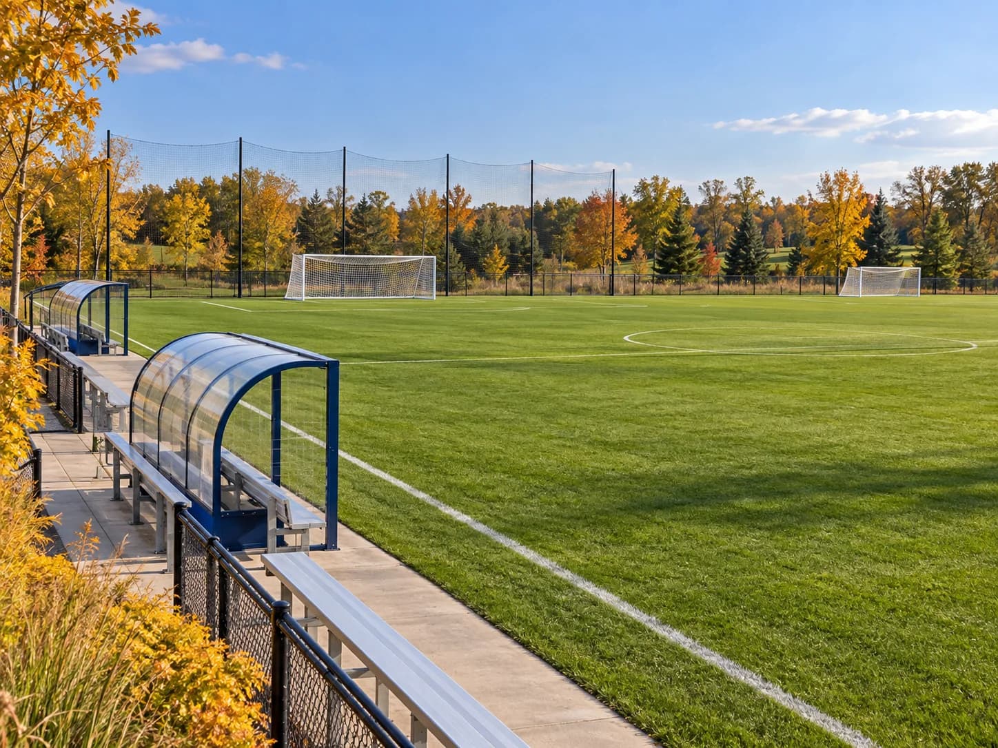 Empty community soccer field with goals, benches, shelters, and barrier netting