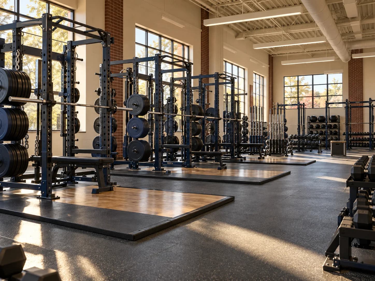 Unbranded institutional weight room with navy racks, platforms, and organized storage